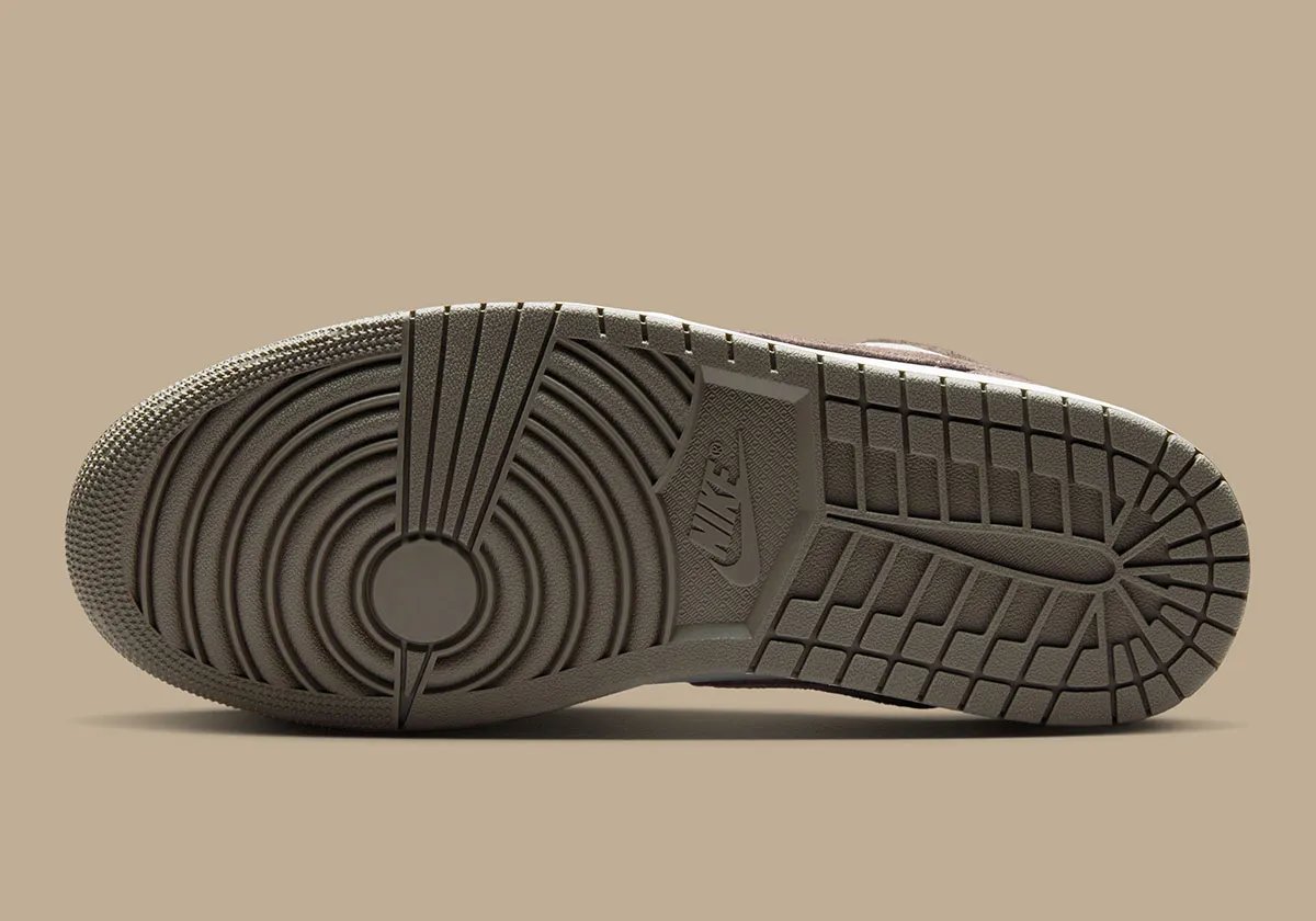 Nike Air Jordan 1 Low in Olive Grey suede, showing detailed quarter panel and toe box construction - detail view 2