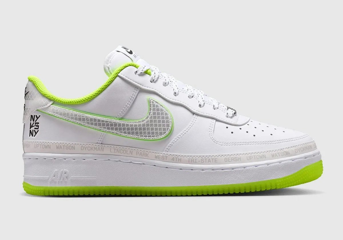 Nike Air Force 1 Low NY v. NY in triple white leather with hi-vis green foxing and embroidered New York court references - detail view 1