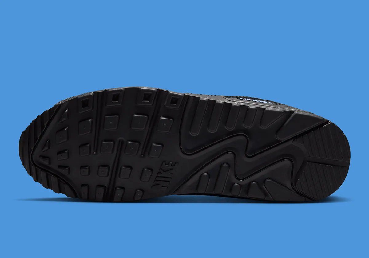 Nike Air Max 90 Football Blue with grey mesh upper, light smoke grey quarter panel, and black midsole—Fall 2026 release - detail view 2