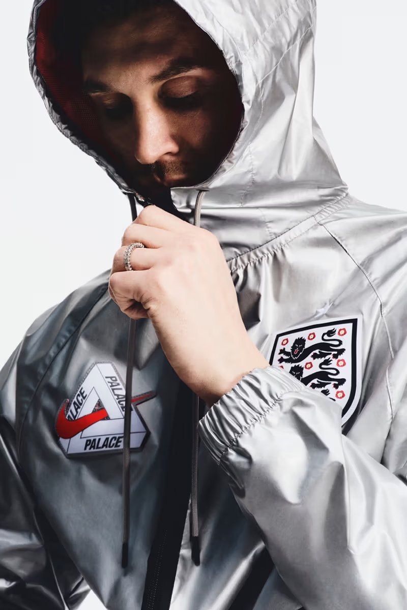 Palace x Nike The Three Lions capsule featuring leather varsity jacket and silver anthem zip-up for England national team - detail view 3