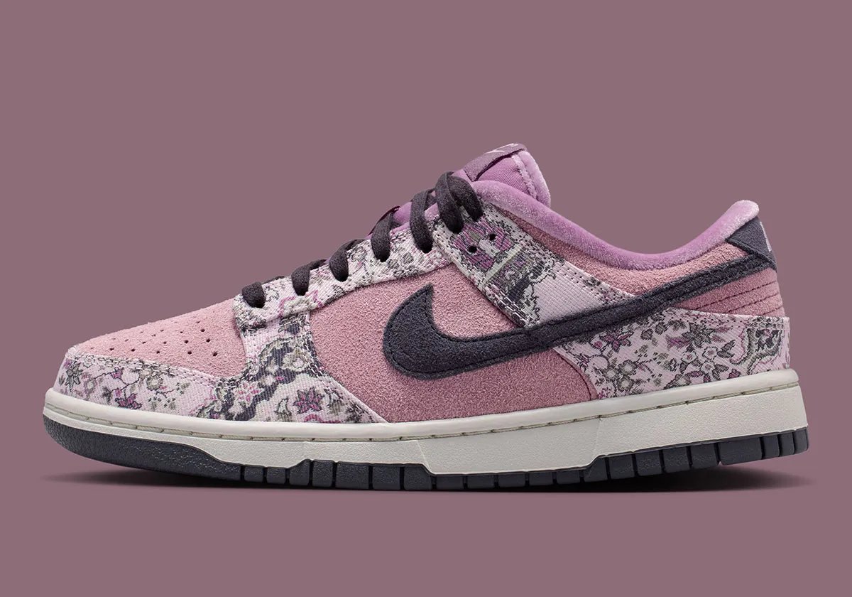 Nike Dunk Low Premium Botanical Rug in Foam Pink suede with Dusty Purple accents and printed botanical fabric overlays - detail view 1