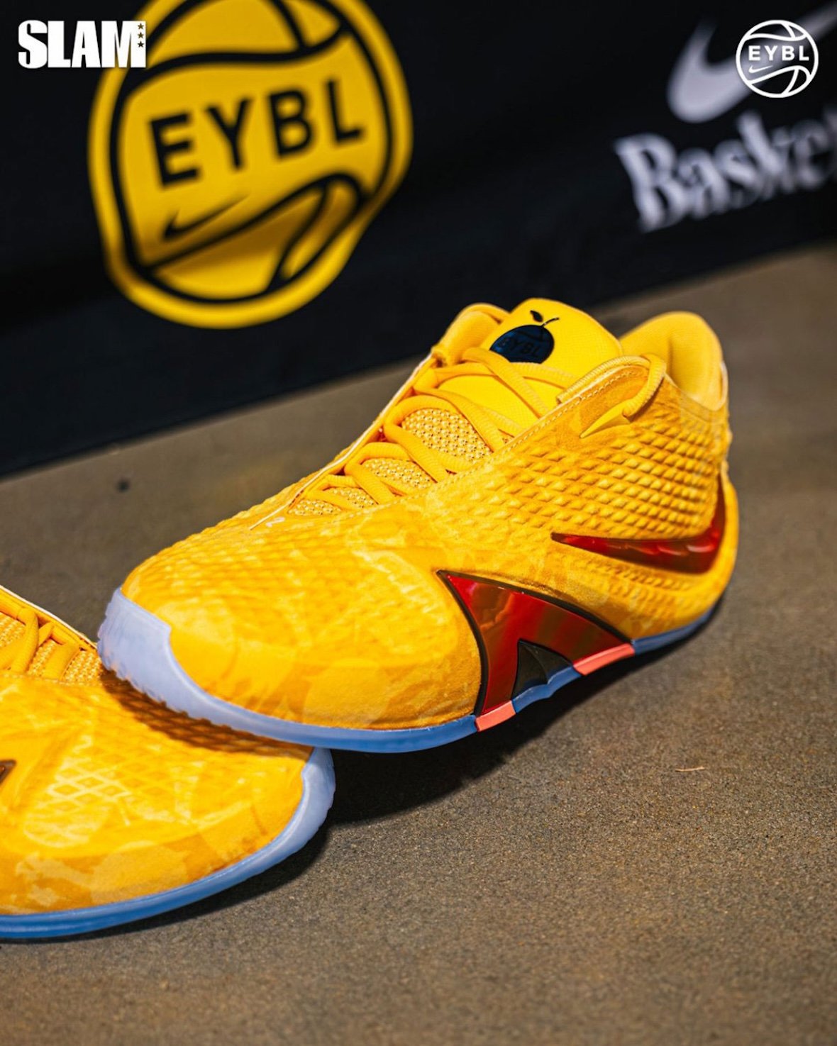 Nike Ja 4 EYBL Peach Jam PE in peach-yellow with metallic red Swoosh and icy blue sole, exclusive player edition for Peach Jam tournament - detail view 5