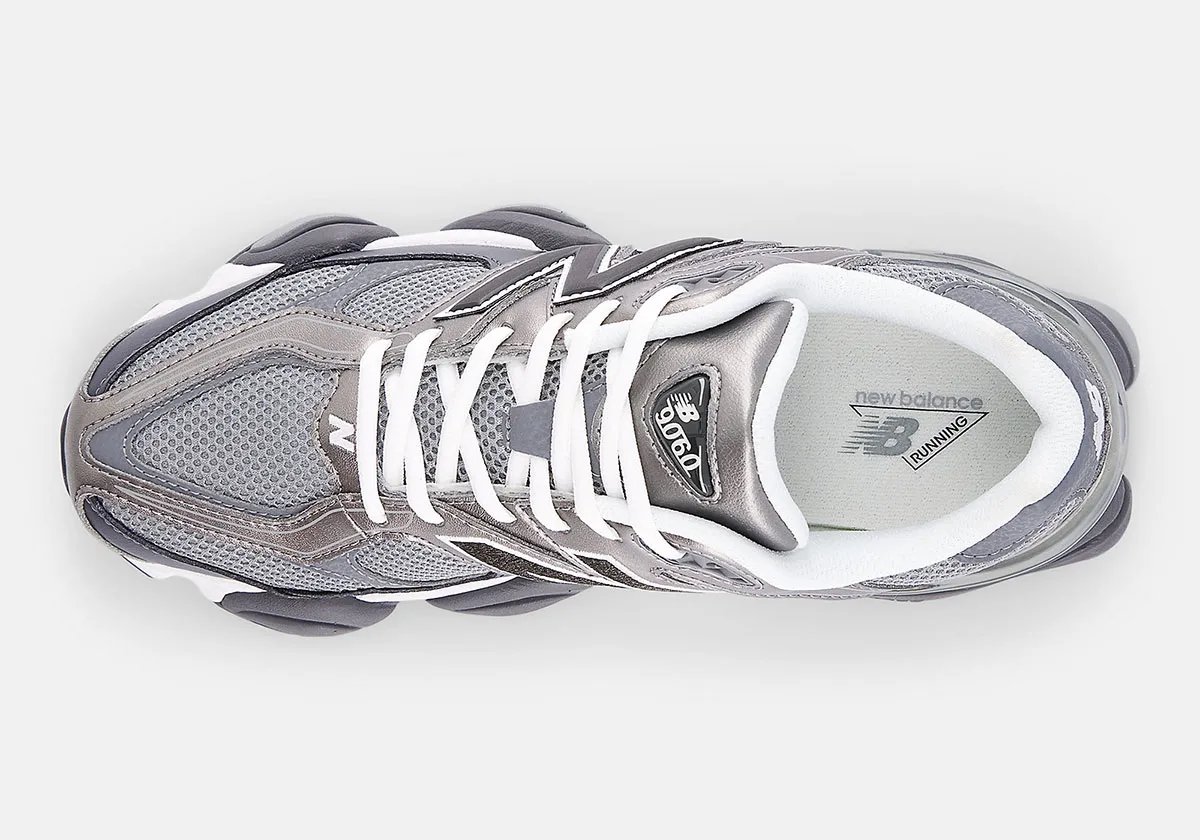 New Balance 9060 Metallic Magnet in grey mesh and dark leather with shimmering metallic silver accents - detail view 3