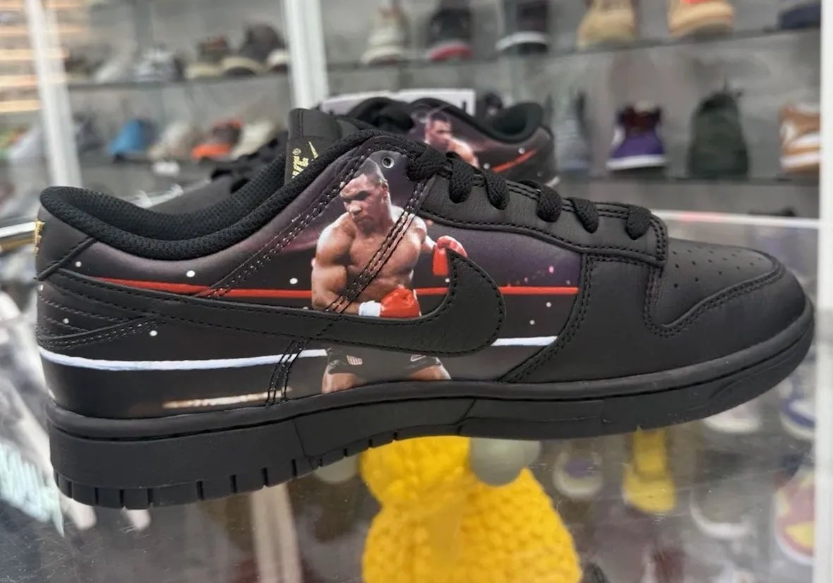 Supreme x Martine Rose x Nike Dunk Low Mike Tyson in black leather with championship imagery on lateral and medial panels - detail view 4