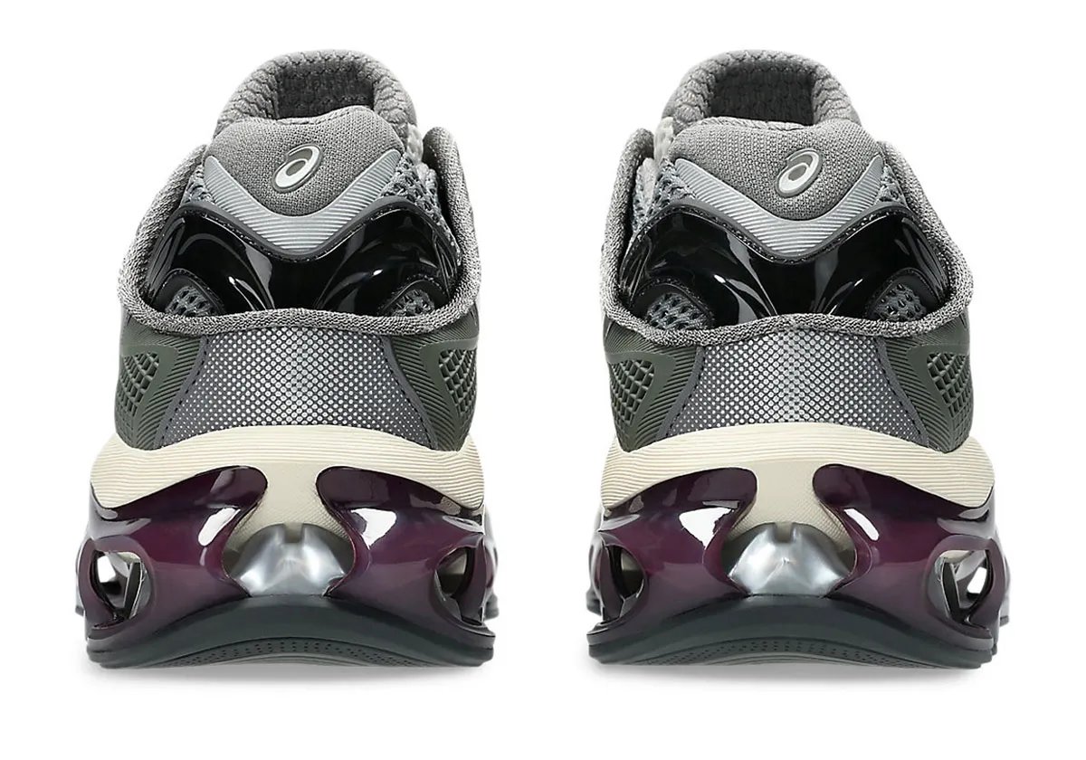 ASICS GEL-Kinetic 2.0 Lichen Green sneaker featuring muted green upper, cream and burgundy midsole with silver GEL pods - detail view 4