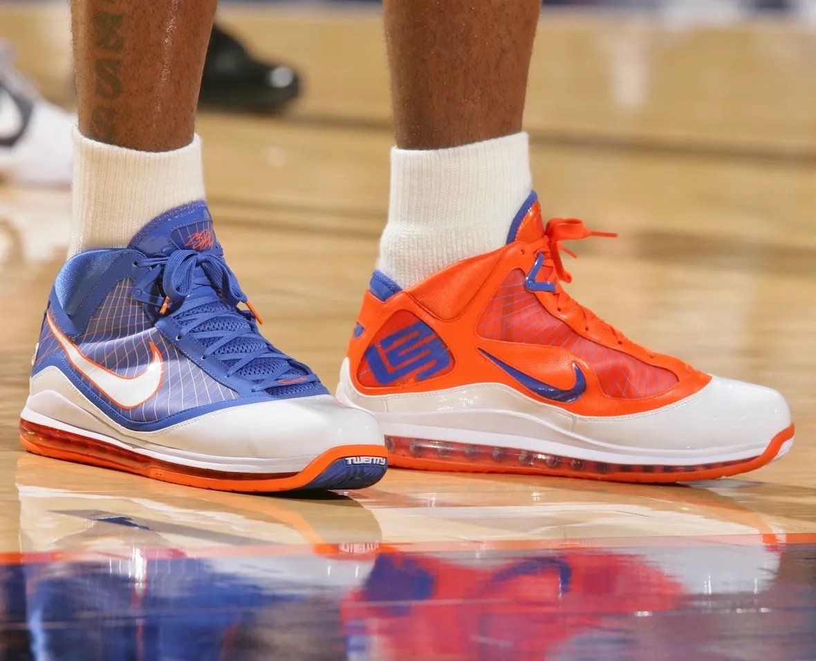 Nike LeBron 23 'Hardwood Classic' mismatched Game Royal and Safety Orange colorway inspired by Cavaliers Hardwood Classics uniforms - detail view 2