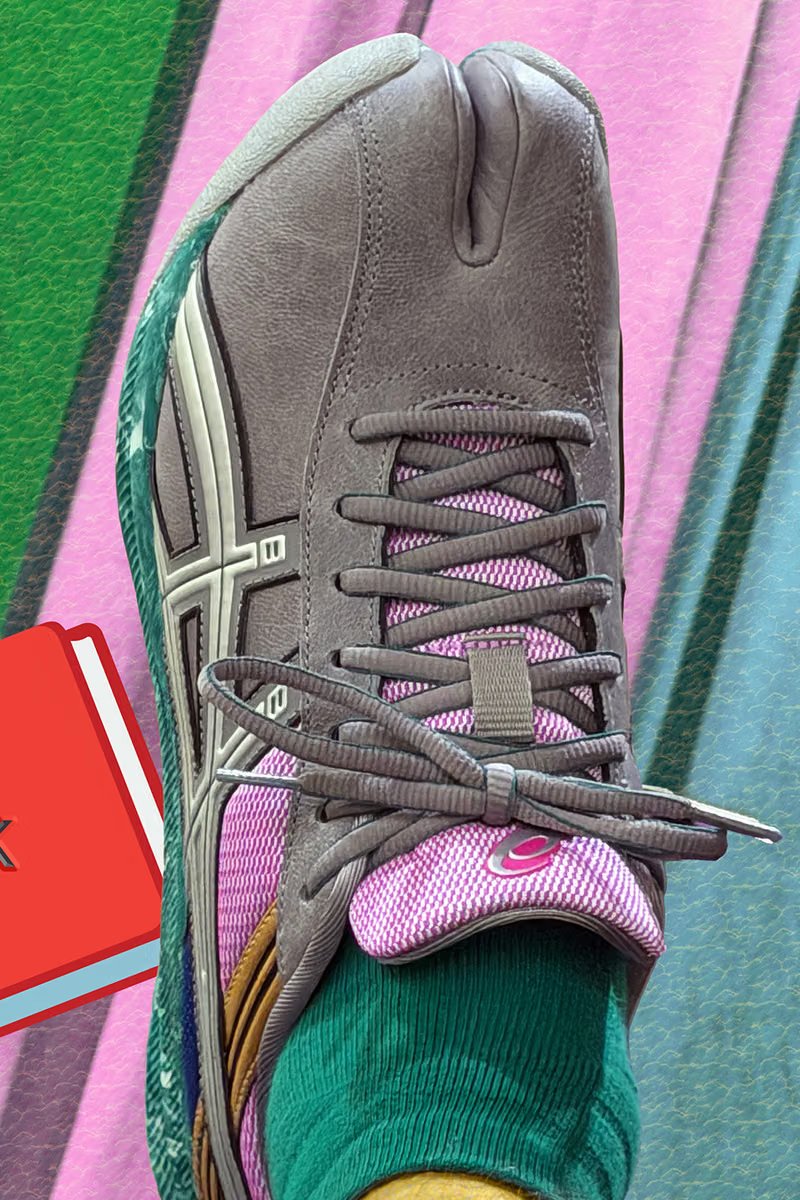 Kiko Kostadinov x ASICS LYASA FF II Tabi sneaker in Clay Grey/Jasper Green colorway, featuring split-toe tabi profile with brogue-inspired forefoot and trail-shoe heel construction - detail view 4