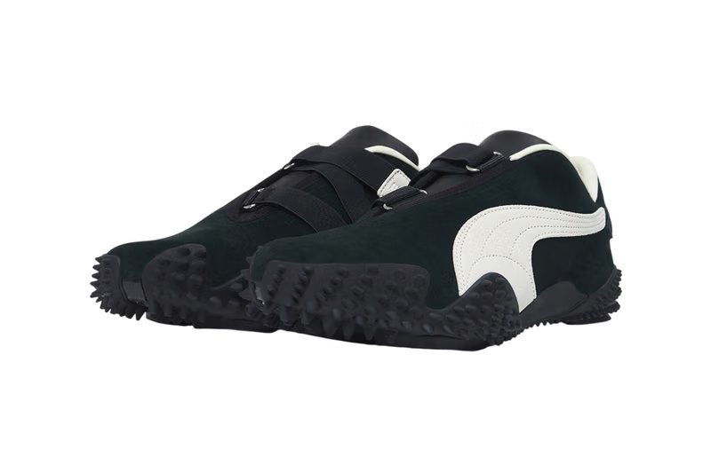 JJJJound x PUMA Mostro Black/White sneaker in grayscale, side profile showing suede upper and velcro strap detail - detail view 2