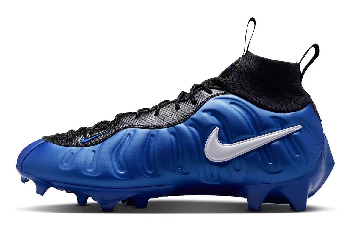 Nike Vaporposite Pro Game Royal and University Red football cleats with molded Foamposite uppers and white Swoosh detailing - detail view 3