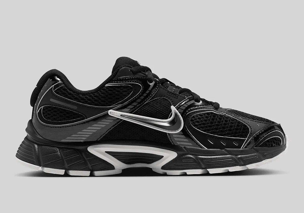 Nike V5 RNR black colorway with glossy leather overlays and grey technical markings, women's sizing - detail view 3