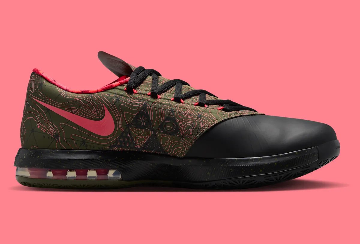Nike KD 6 'Meteorology' in Black, Medium Olive, and Red colorway, showing checkered weather-map inspired detailing on the upper - detail view 4