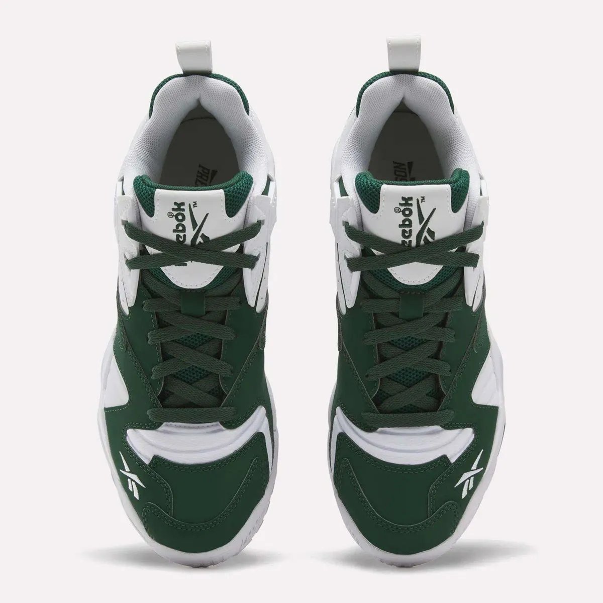 Reebok Brutus Lo in pine green and white Philadelphia Eagles colorway, showing side profile and detail of toe cap and tongue - detail view 4