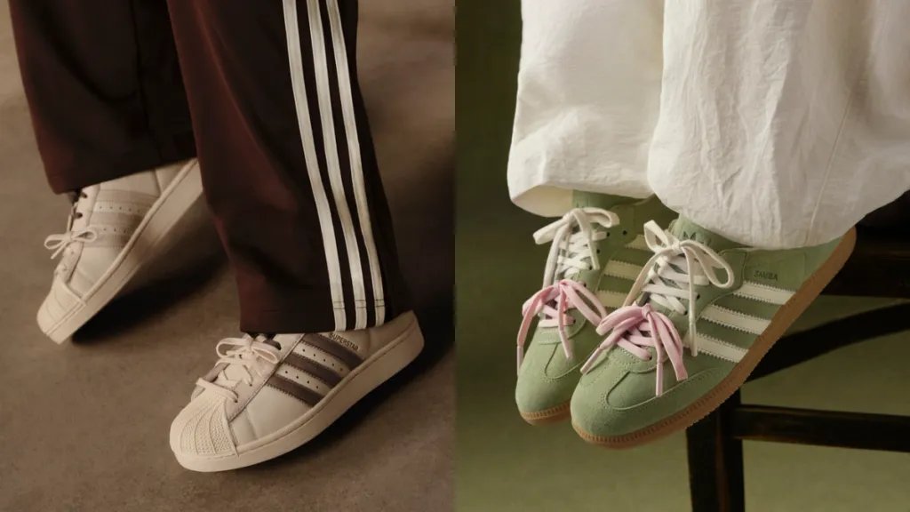 Adidas Samba in Matcha colorway and Adidas Superstar in Latte colorway from Molly-Mae collaboration