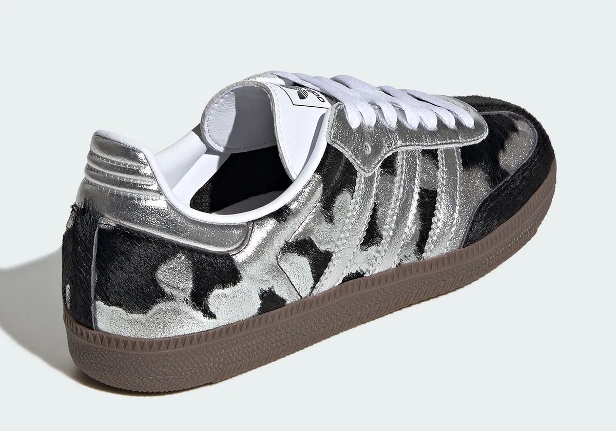 adidas Samba in Cloud White/Silver featuring metallic accents and black and white fur patches on the upper - detail view 3