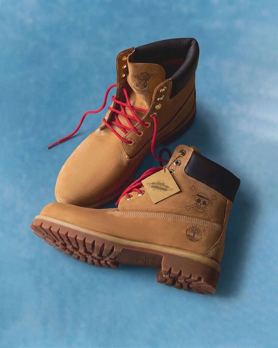 Timberland 6-Inch Premium Waterproof Boot in wheat nubuck with red laces and Luffy Straw Hat branding from the ONE PIECE x Timberland collection - detail view 5