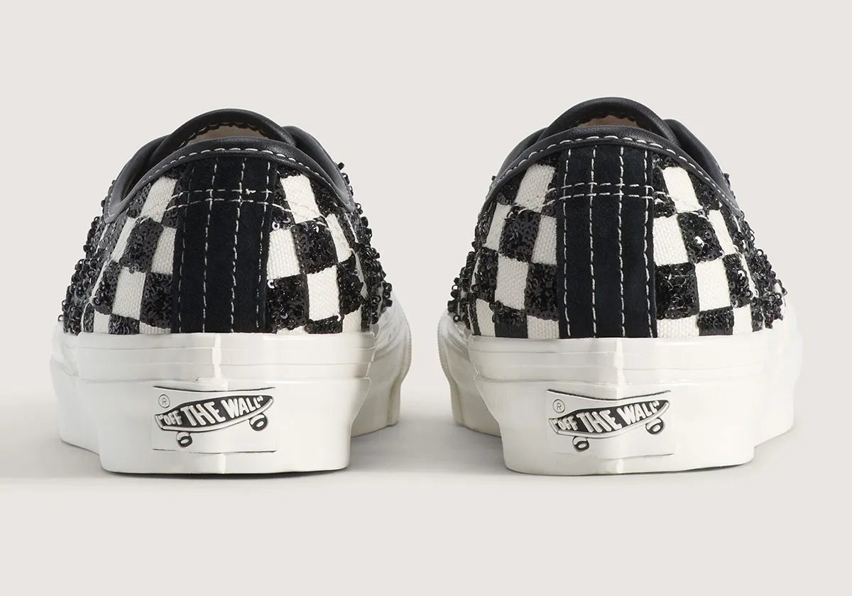 Vans Authentic LX in black checkerboard with sequin embellishment, side view of classic low-top silhouette - detail view 3