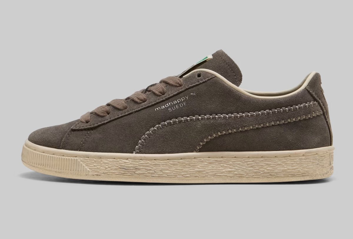 Madhappy x Puma Suede in Matte Bronze showing brown tonal upper with exposed Formstrip stitching and tan midsole - detail view 3