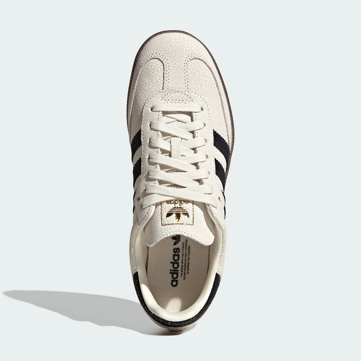 adidas Samba in stingray leather with cloud white base, core black stripes, and brown gum sole - detail view 3