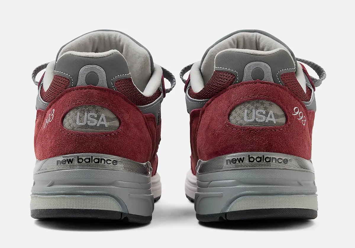 New Balance 993 Made in USA in Burgundy with mesh and suede construction - detail view 2