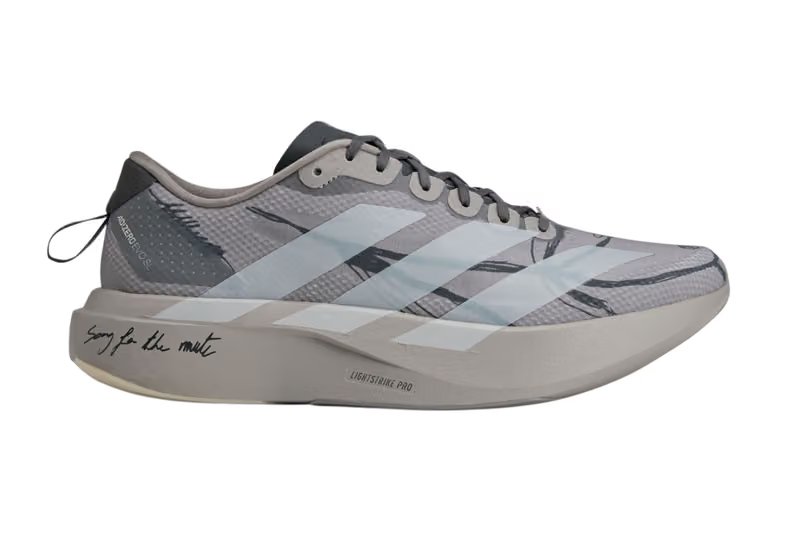 Song for the Mute x adidas Adizero EVO SL 'Dove Grey' sneaker featuring tonal grey mesh upper with hand-drawn graphics and 'Run, Run, Run' script detailing