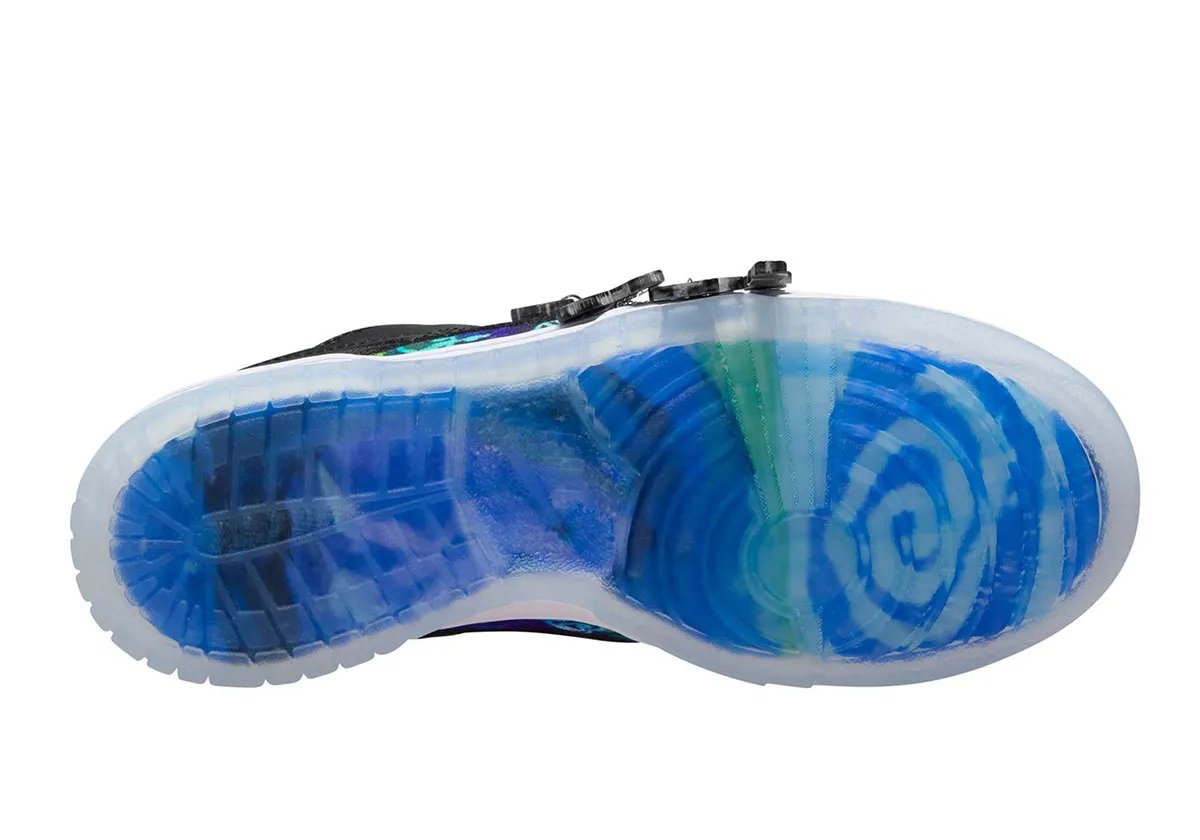 Andrea Bergart x Nike Dunk Low Grade School featuring psychedelic kaleidoscopic prints and metallic charms on upper and sole - detail view 3