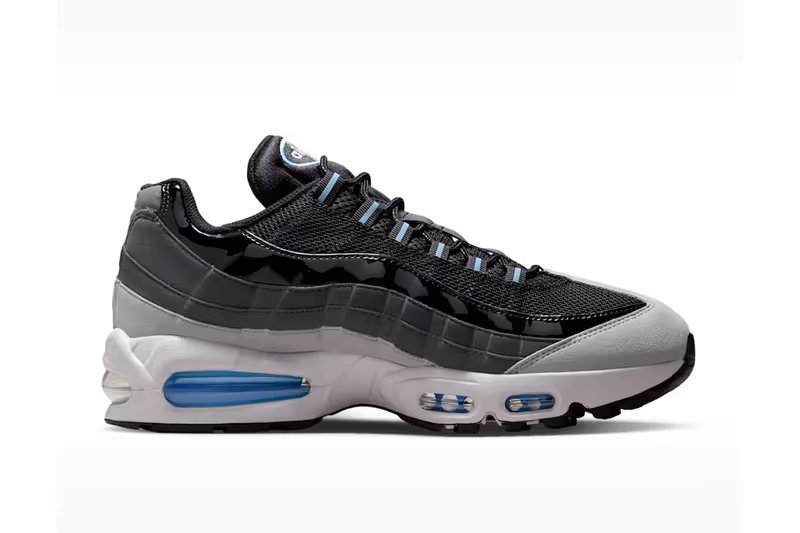 Nike Air Max 95 Black/Grey Fog showing dual Air Max units and anatomical paneling with football blue accents - detail view 4