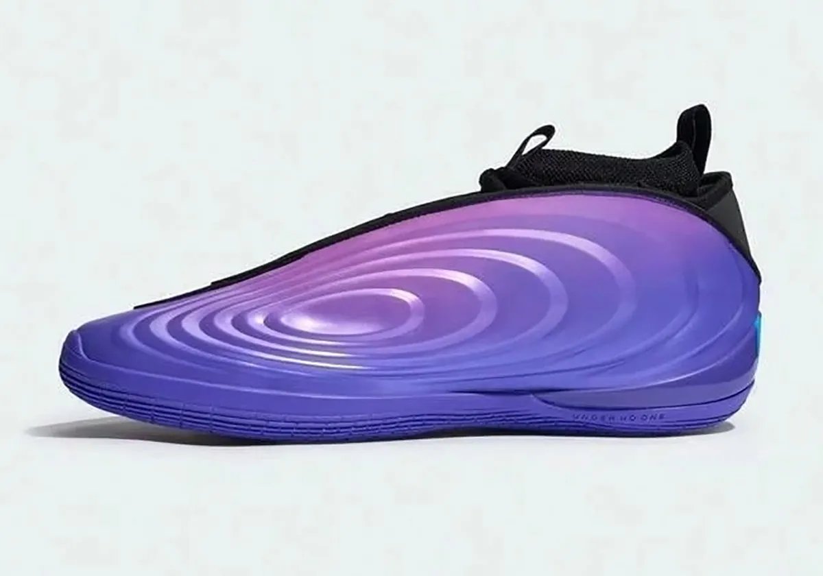 adidas Harden Vol. 10 in purple gradient with rosy upper tones and salmon pink and light blue sole accents - detail view 1