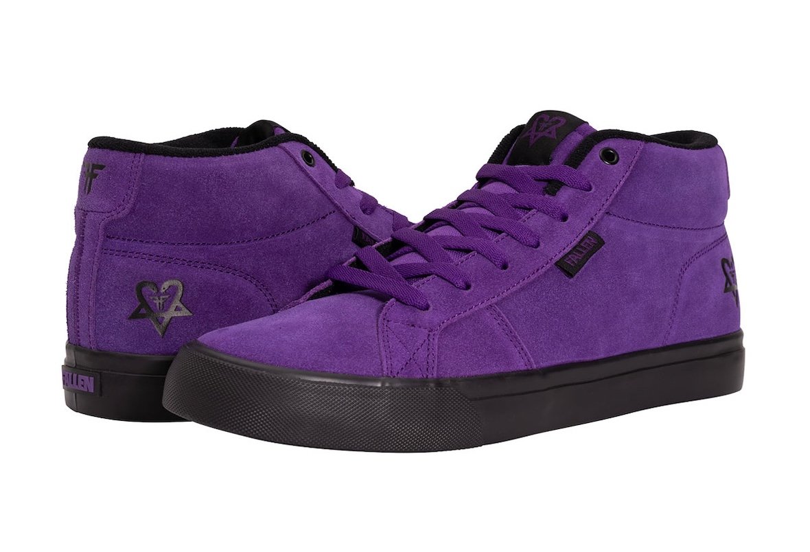 Bam Margera x Fallen Footwear collaboration featuring black and purple Corsair, Heritage, and Bomber silhouettes with Heartagram logo detailing - detail view 2