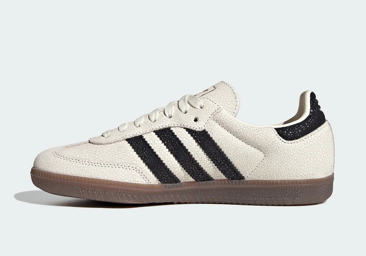 adidas Samba in stingray leather with cloud white base, core black stripes, and brown gum sole - detail view 2