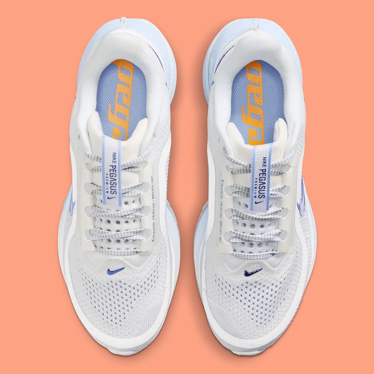 Nike Pegasus Premium White/Aluminum women's running shoe with gradient midsole and royal blue Swoosh - detail view 3