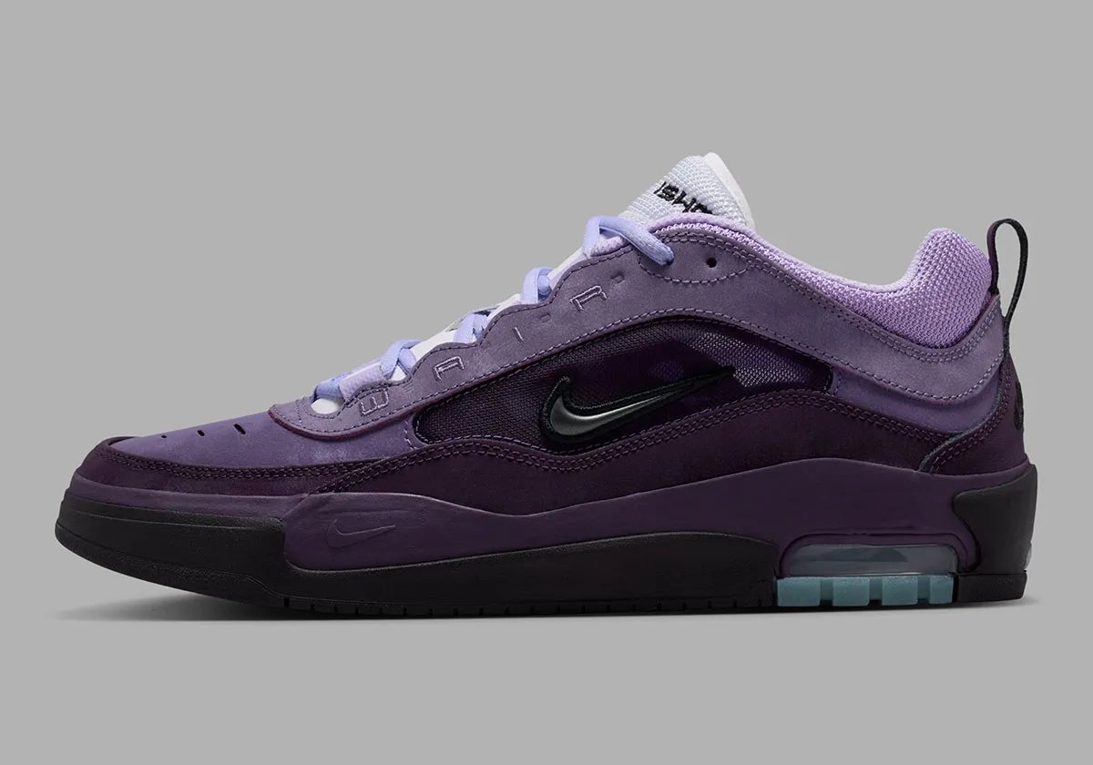 Nike SB Air Max Ishod Triple Purple showing layered purple tones and visible Air unit with white tongue and turquoise traction detail - detail view 1