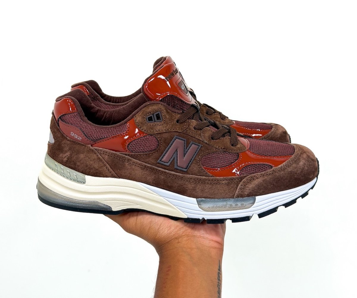 Aminé x New Balance 992 'Outdoor School' in reddish-brown with suede, mesh, and patent leather upper, featuring Club Banana tongue branding - detail view 2