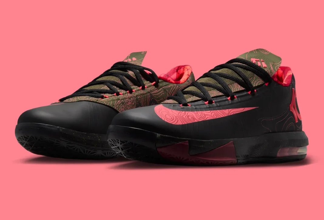 Nike KD 6 'Meteorology' in Black, Medium Olive, and Red colorway, showing checkered weather-map inspired detailing on the upper - detail view 1