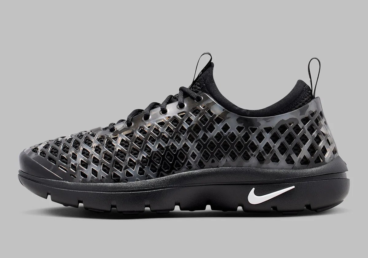 Nike Air Rejuven8 Camo Pack in Black/White and Barkroot Brown colorways with semi-opaque material and diamond camo pattern - detail view 2