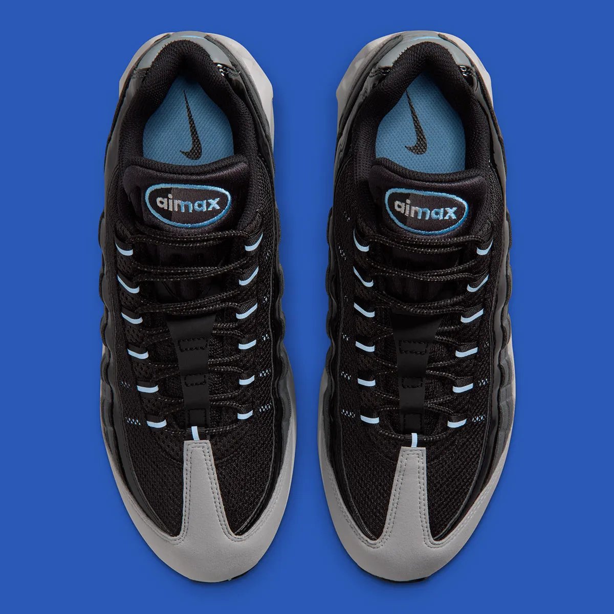 Nike Air Max 95 in Black with grey suede panels and Football Blue Swoosh, showing patent leather side paneling detail - detail view 4