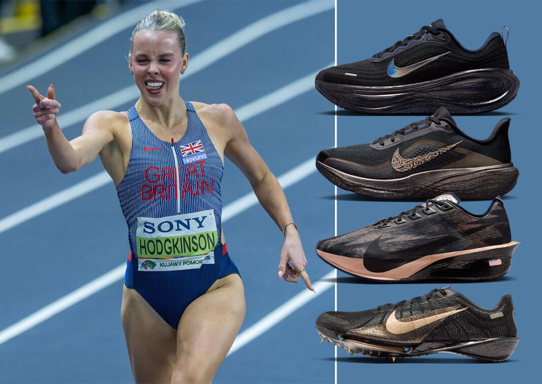 Nike Running Keely Hodgkinson four-shoe collection featuring Pegasus 42, Vomero Plus, ZoomX Vaporfly NEXT%, and Victory 2 in black and Midnight Blue with gold accents - detail view 1