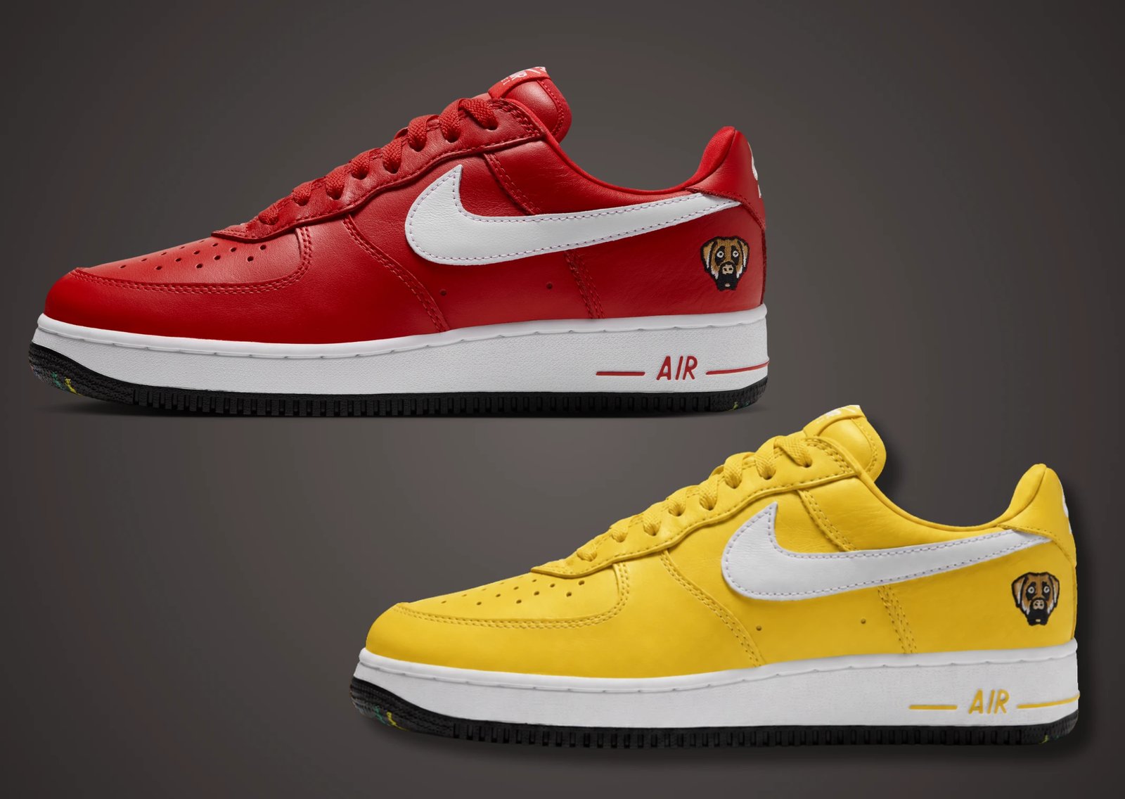 Victor Victor x Nike Air Force 1 Low '01 in Yellow and University Red, featuring monochrome plush leather with white Swoosh and custom dog head logo on lateral heel - detail view 1