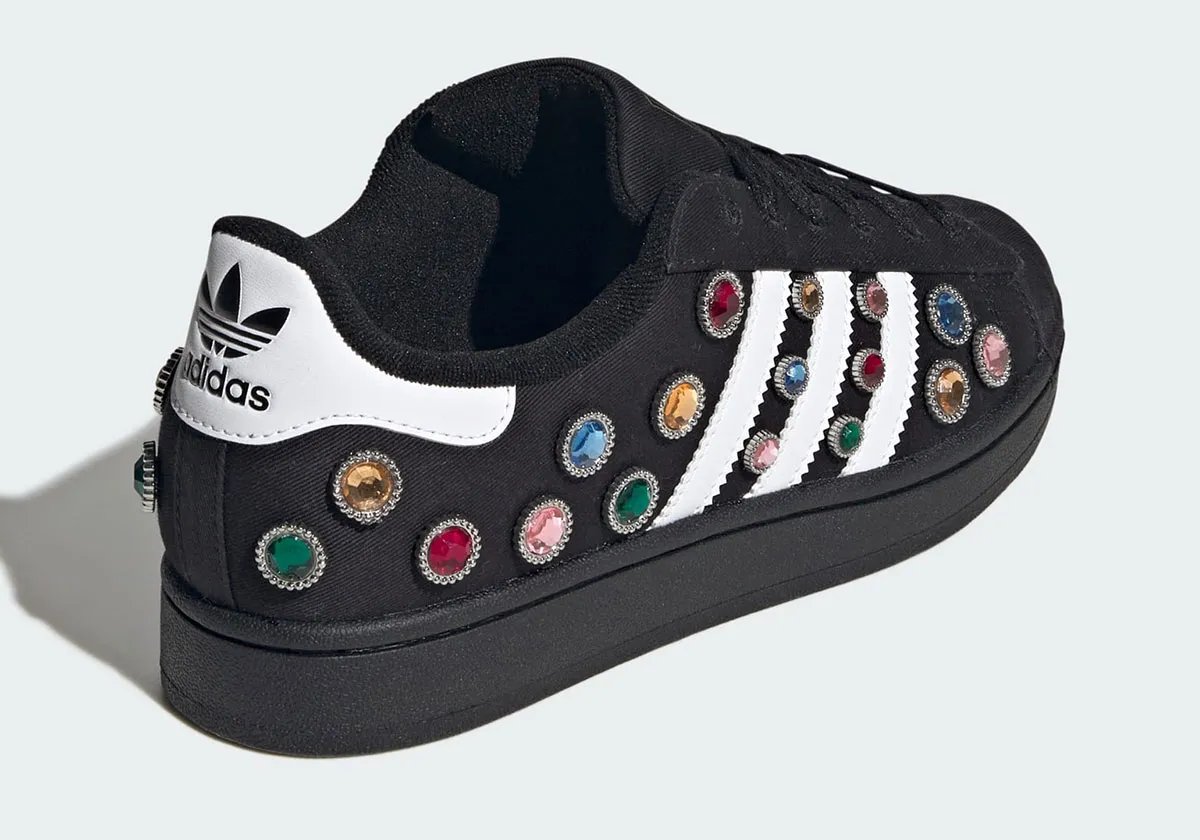 adidas Superstar "Jewel" with multicolored gemstone inlays and silver metallic trim on black canvas upper - detail view 1