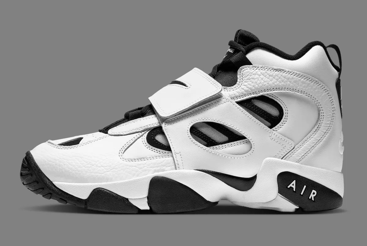 Nike Air Diamond Turf 2 in White and Black colorway with tumbled leather upper and oversized midfoot strap, Fall 2026 release - detail view 3
