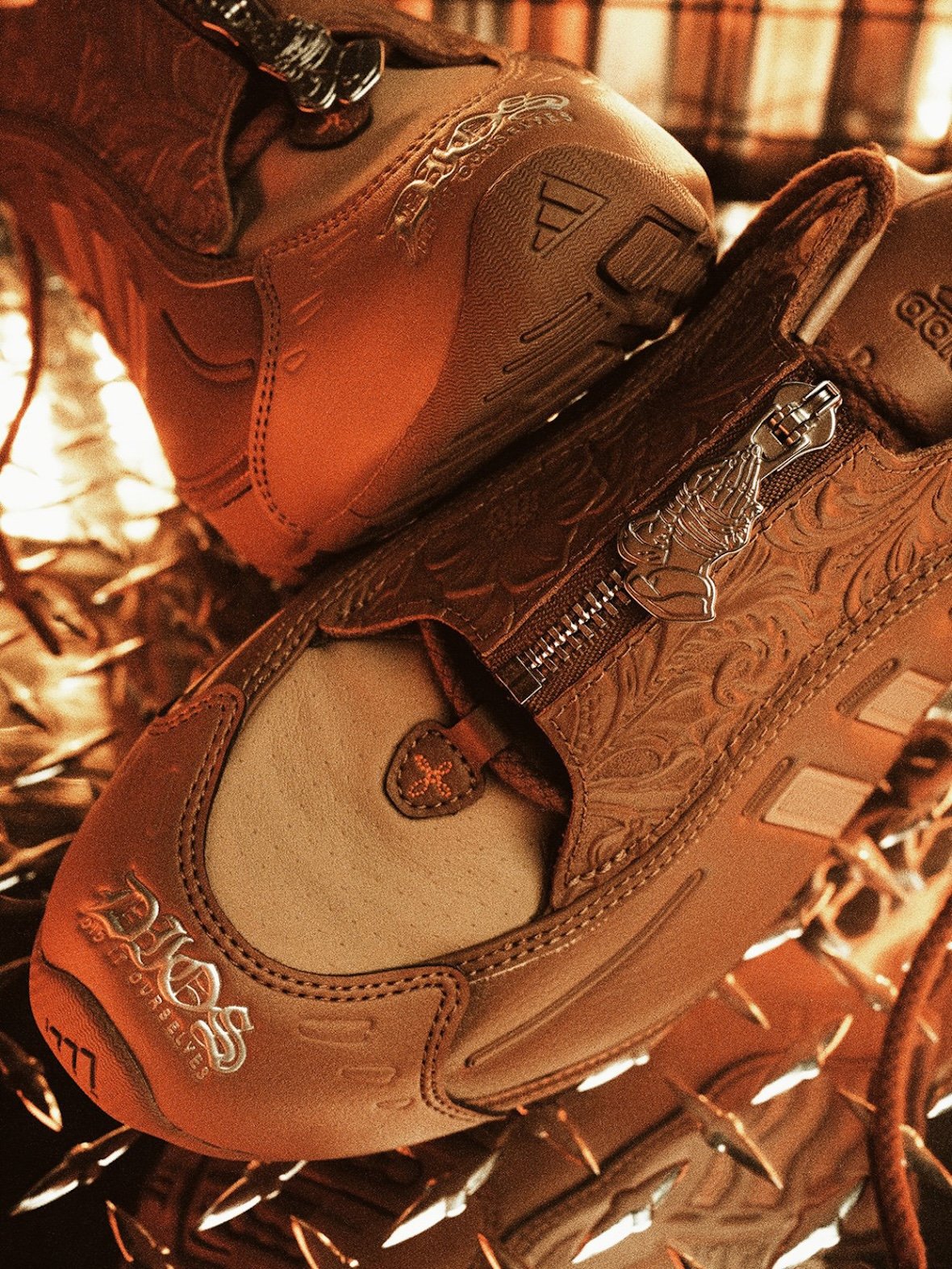 DIOS x adidas Megaride Friends & Family in saddle tan leather with embossed paisley shroud detail - detail view 5