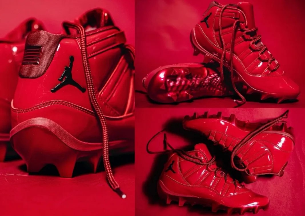 Oklahoma Sooners Air Jordan 11 football cleat in all-crimson colorway with black Jumpman logos - detail view 1