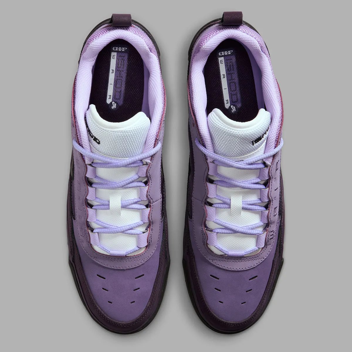 Nike SB Air Max Ishod Triple Purple showing layered purple tones and visible Air unit with white tongue and turquoise traction detail - detail view 3