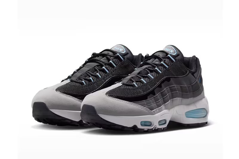 Nike Air Max 95 Black/Grey Fog showing dual Air Max units and anatomical paneling with football blue accents - detail view 5