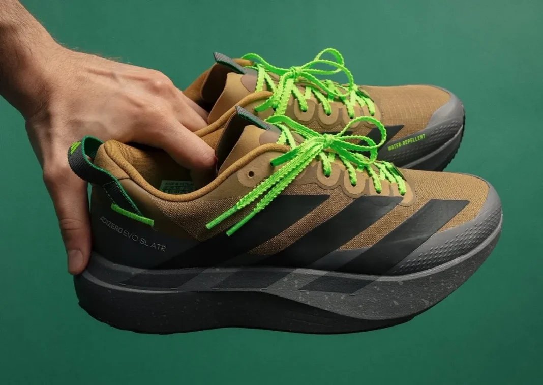 Up There Athletics x adidas Adizero Evo SL ATR in brown ripstop with grey accents and bright green trim detail