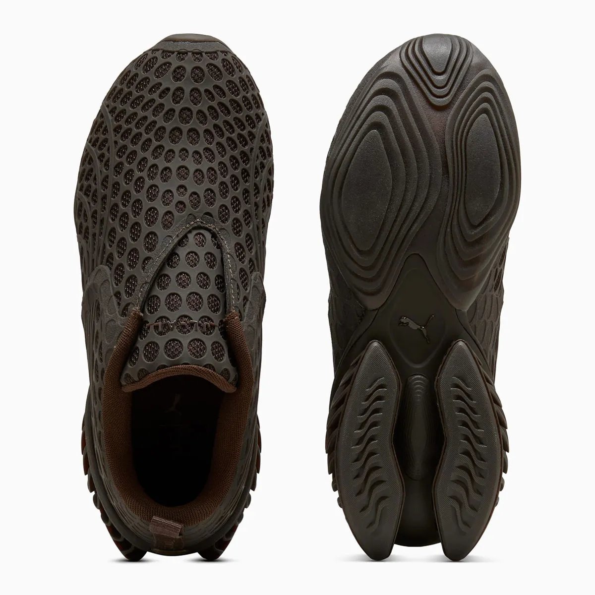 PUMA x _J.L-A.L_ Cell GEO-1 with geometric pocked cutouts across upper, lateral cage, and tongue in rich brown colorway - detail view 3
