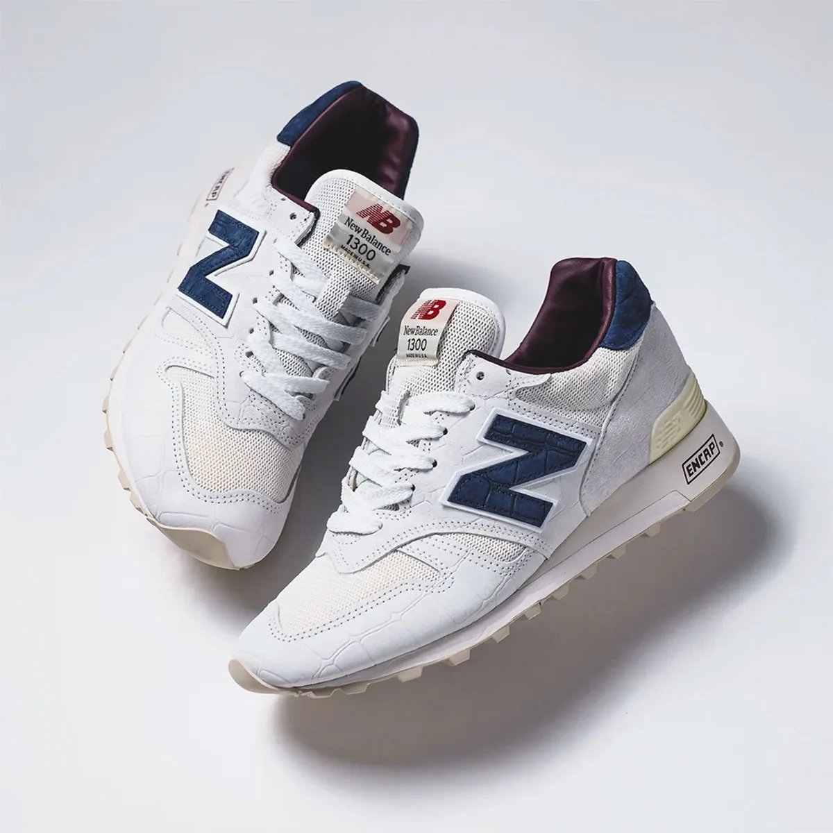 New Balance 1300 'Sea Salt' featuring embossed pigskin overlays with croc-textured details and Blue Oyster accents - detail view 2