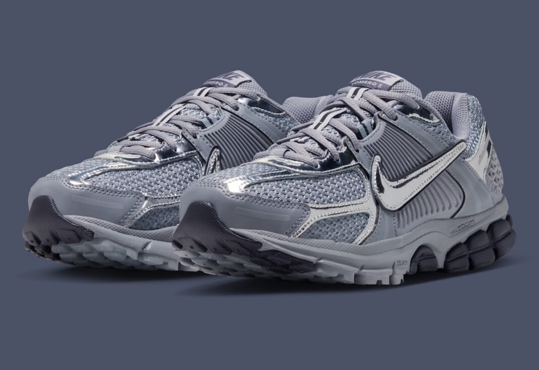 Nike Zoom Vomero 5 Gridiron in Stealth, Wolf Grey, and Metallic Silver colorway showing full side profile - detail view 1