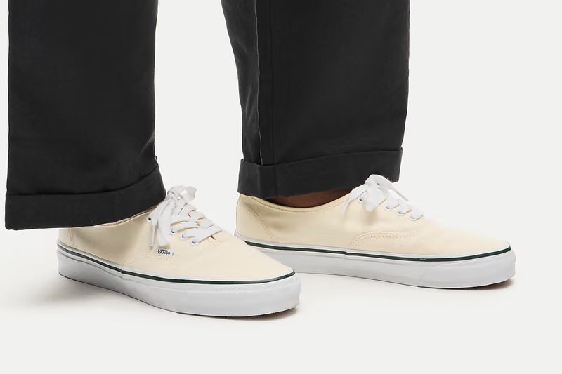 J.Crew x Vans Premium Authentic in Classic White with dark green side stripe and waffle-rubber outsole