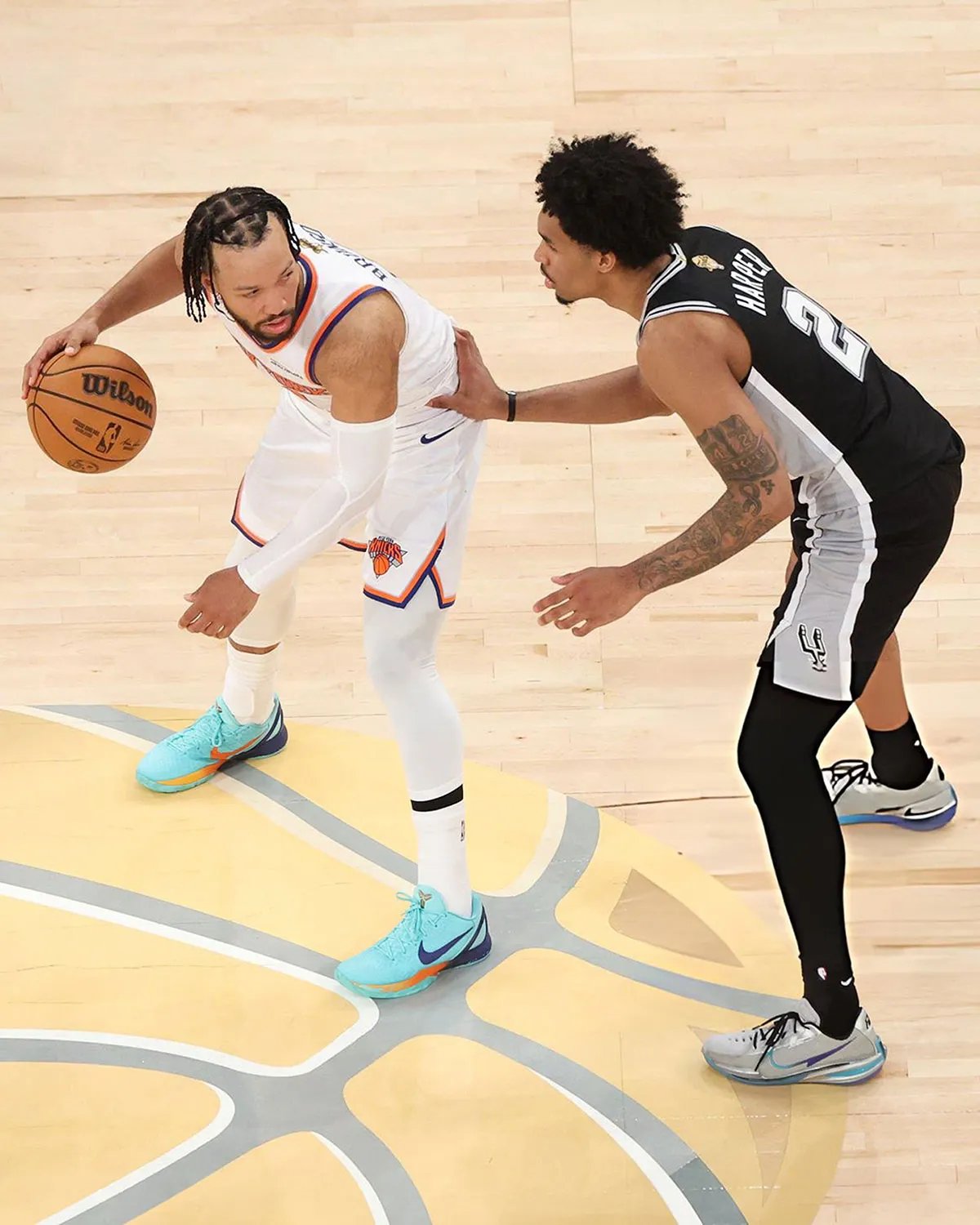 Jalen Brunson wearing custom Nike Kobe 6 with Knicks orange gradient sole at NBA Finals Game 3, Madison Square Garden - detail view 3
