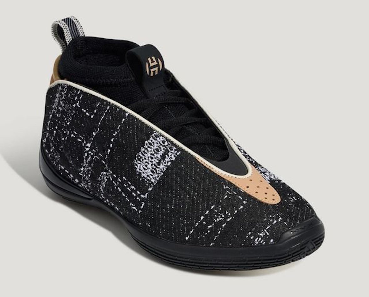 adidas Harden Vol. 10 "Har'Denim" featuring black denim upper with Sashiko stitching and natural tan accents - detail view 4